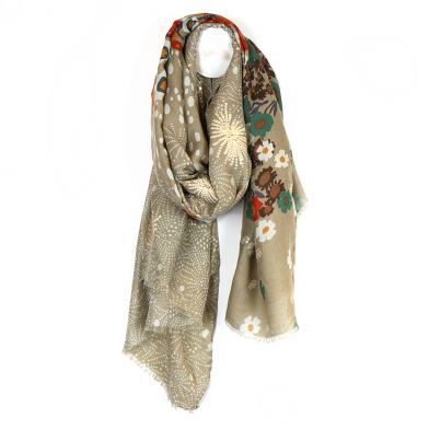 Taupe & Gold Floral Firework Print Scarf by Peace of Mind